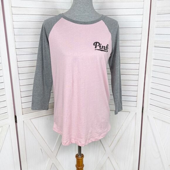 Victorias Secret Pink Sequin Logo Baseball Tee Shirt Pink Grey Medium - Picture 1 of 12